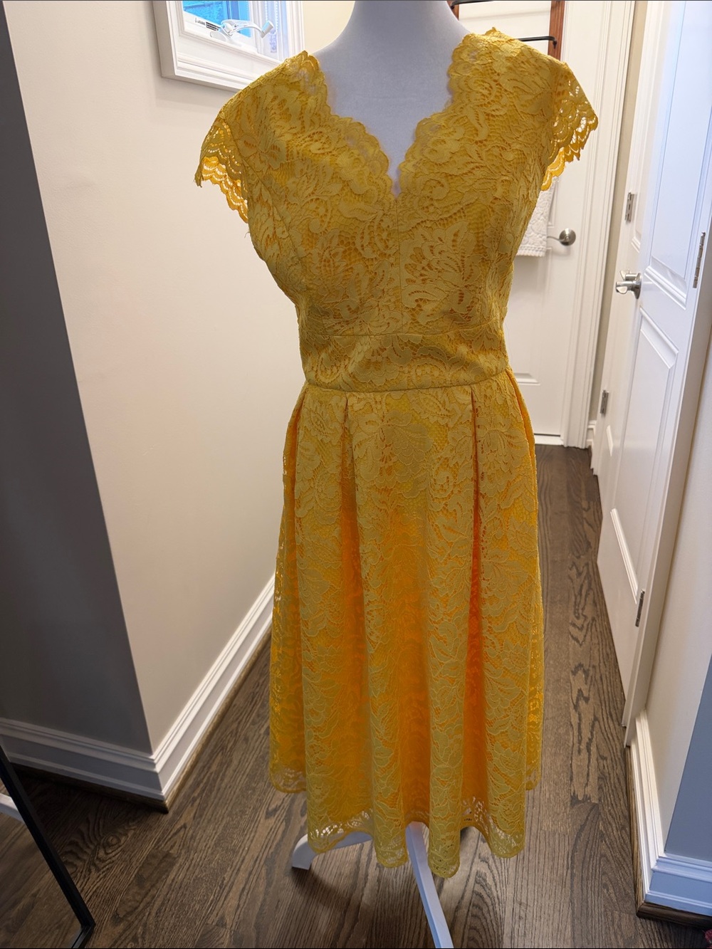 Chetta B Yellow Lace Midi Fit-and-Flare Dress